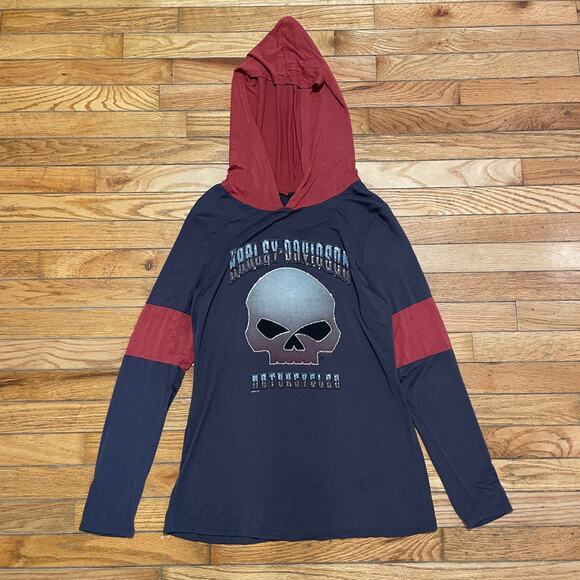 Harley Davidson Hooded Long‎ Sleeve Top with Skull and Rhinestones Size Medium\ - Picture 1 of 7
